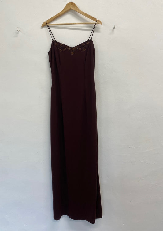 Fabulous Dave & Johnny Dress UK 14 Brown beaded maxi evening TM395