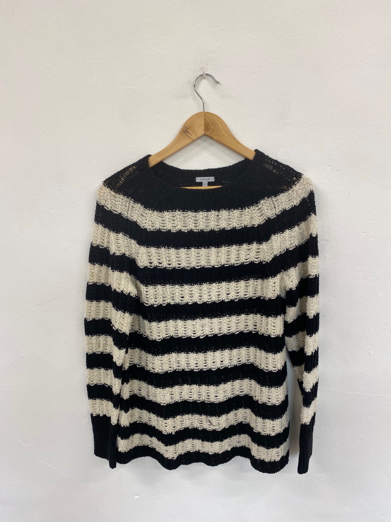 Fabulous Jigsaw Black & Cream Stripe Crochet Knit Jumper UK S LO442
