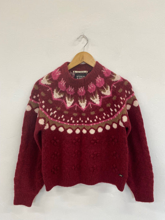 Fabulous Scotch & Soda Burgundy Tulips Cottagecore Jumper UK S LO442