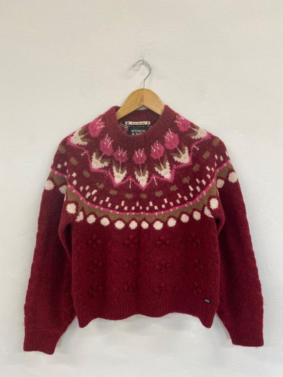 Fabulous Scotch & Soda Burgundy Tulips Cottagecore Jumper UK S LO442