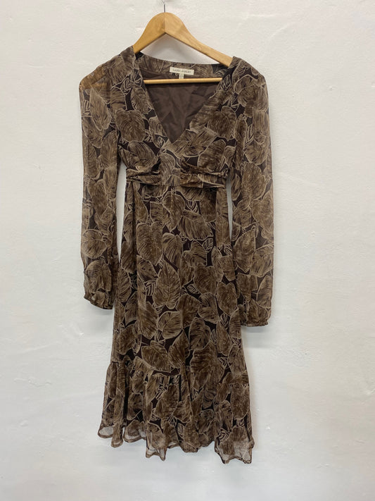 Fabulous Laura Ashley cottage core silk tea Dress Uk8 Brown Botanical A Line BT001