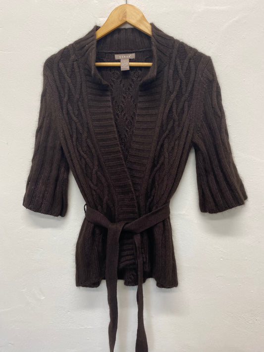 Fabulous KENAR Cottage core Angore belted Cardigan UKS Brown Cableknit BT001