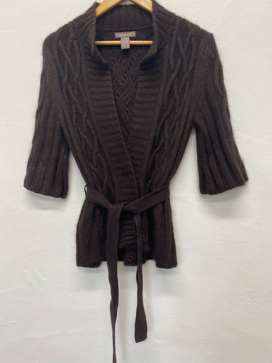 Fabulous KENAR Cottage core Angore belted Cardigan UKS Brown Cableknit BT001