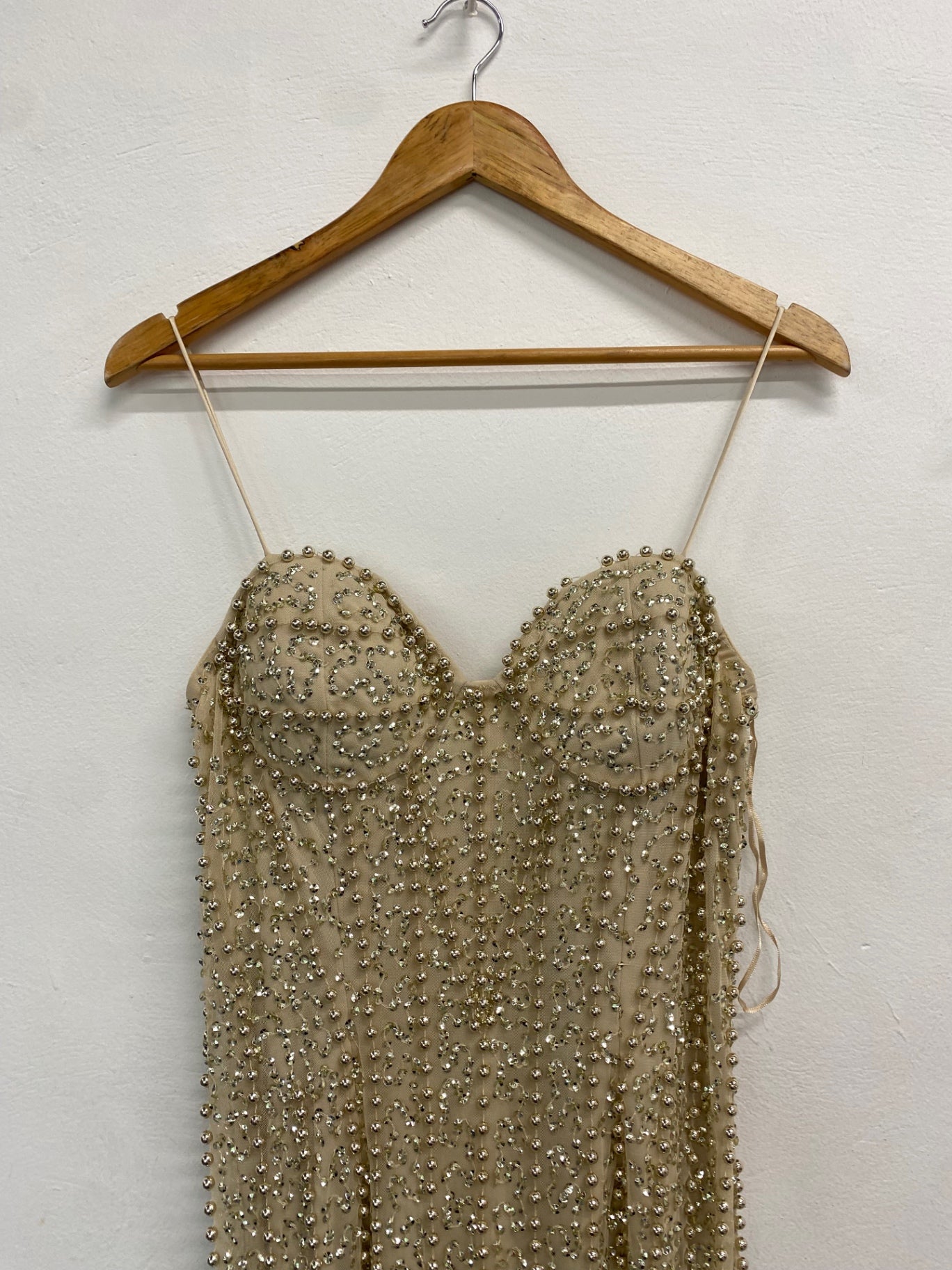 Fabulous River Island Dress UK 12 Champagne gold beaded evening TM447