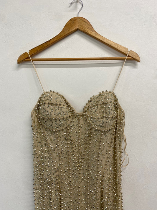 Fabulous River Island Dress UK 12 Champagne gold beaded evening TM447