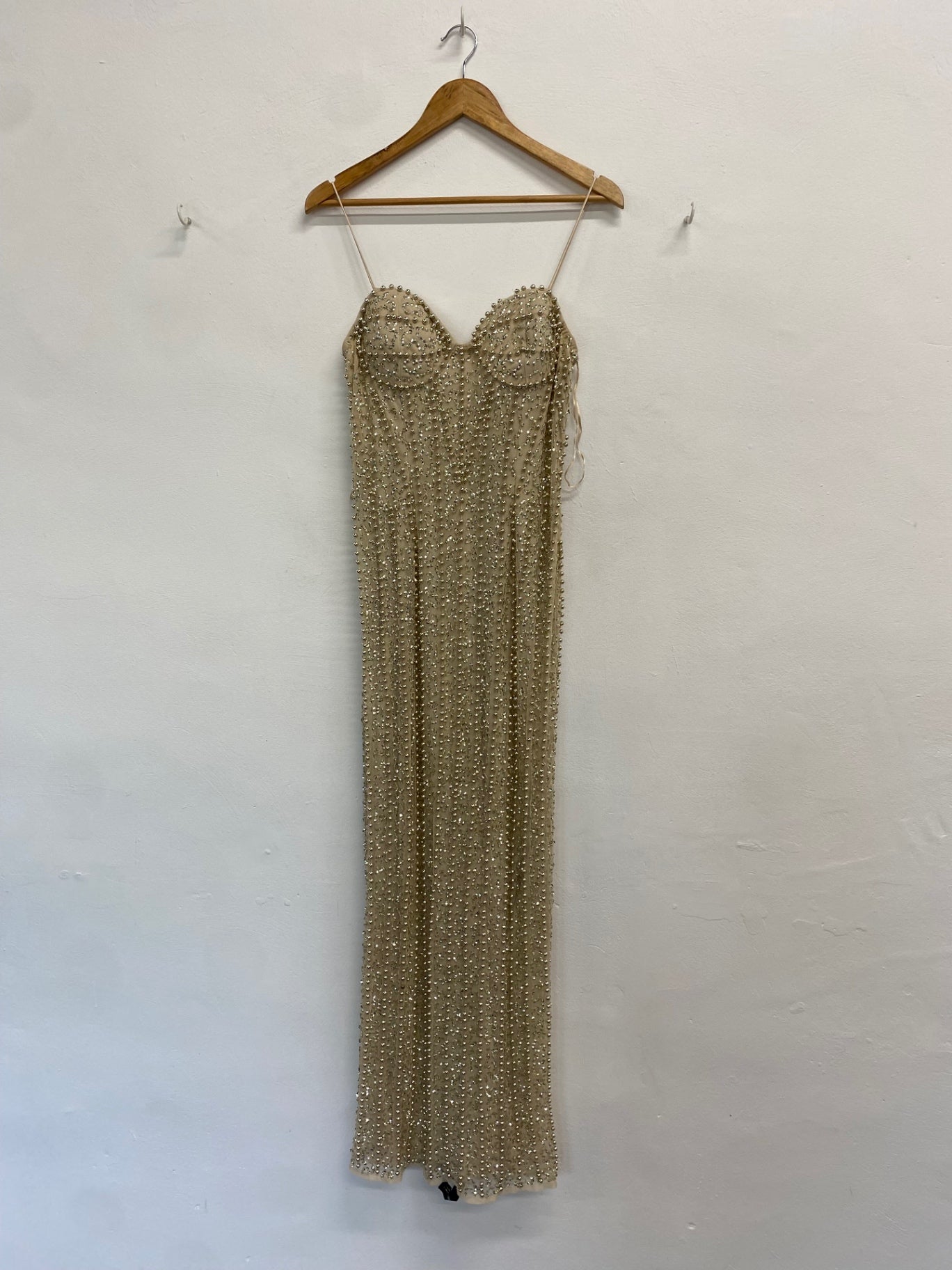 Fabulous River Island Dress UK 12 Champagne gold beaded evening TM447