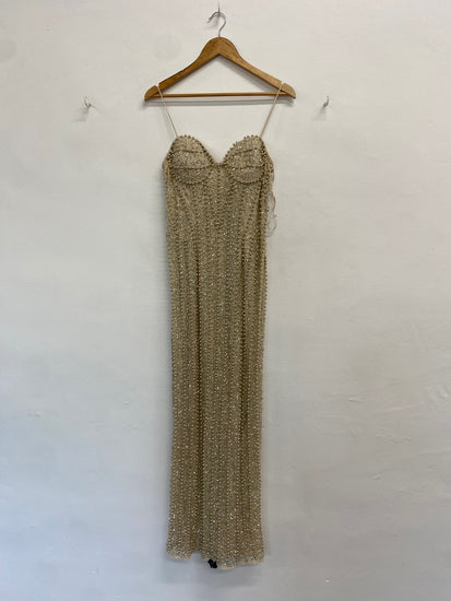 Fabulous River Island Dress UK 12 Champagne gold beaded evening TM447