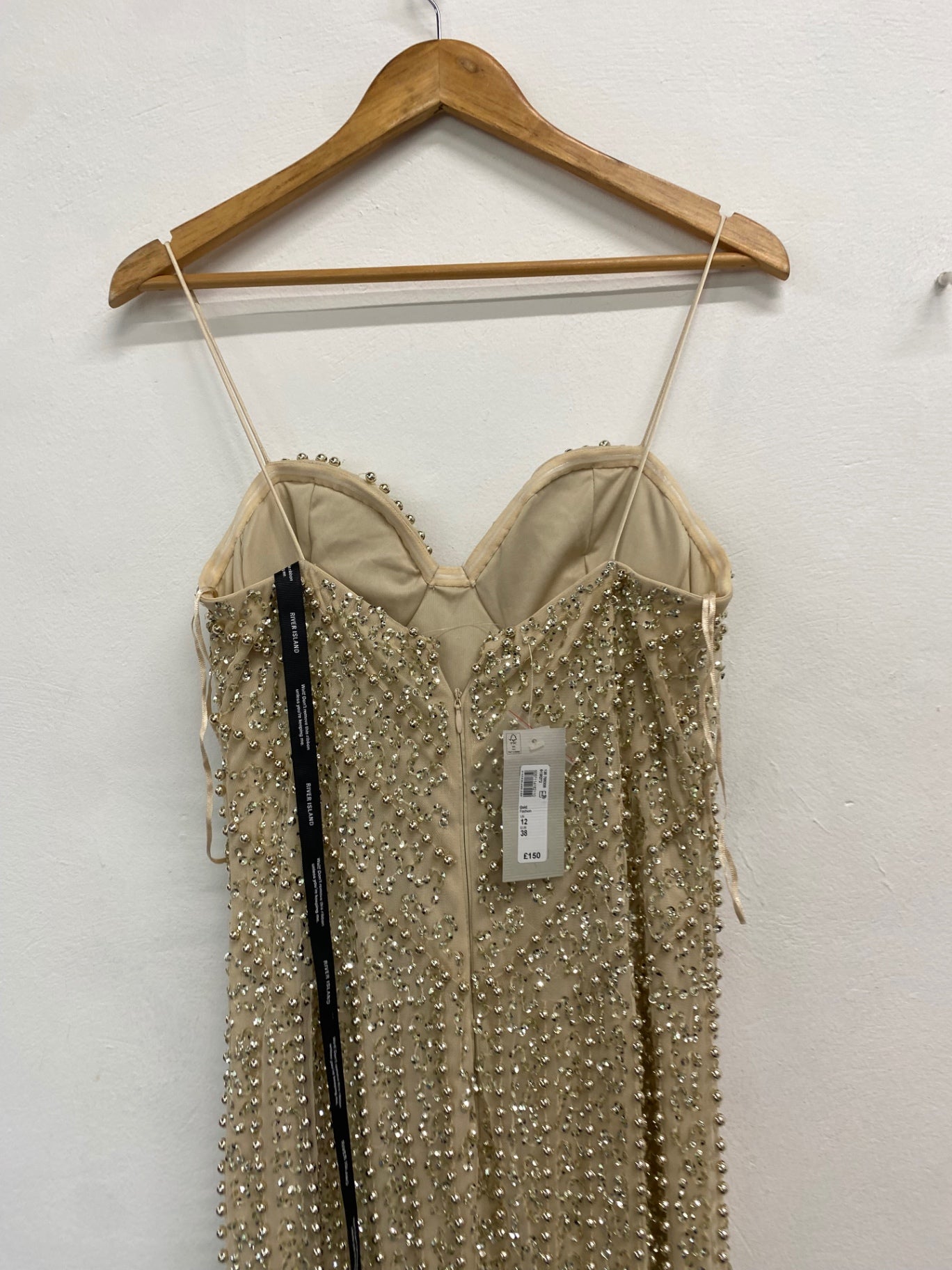 Fabulous River Island Dress UK 12 Champagne gold beaded evening TM447