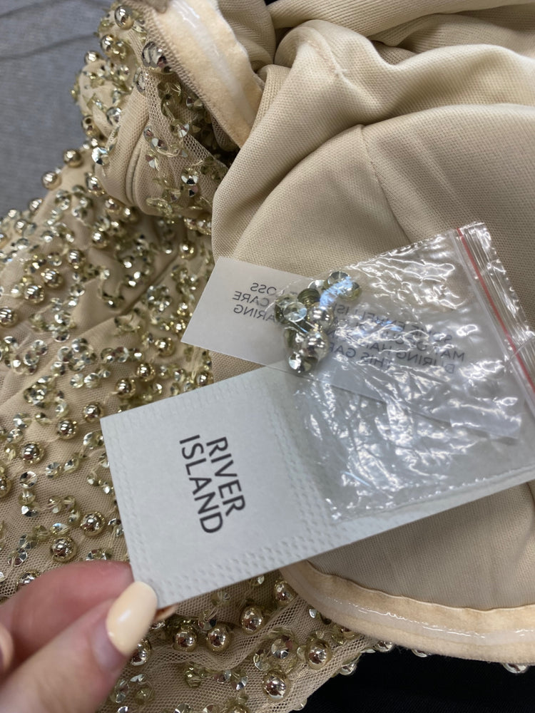 Fabulous River Island Dress UK 12 Champagne gold beaded evening TM447
