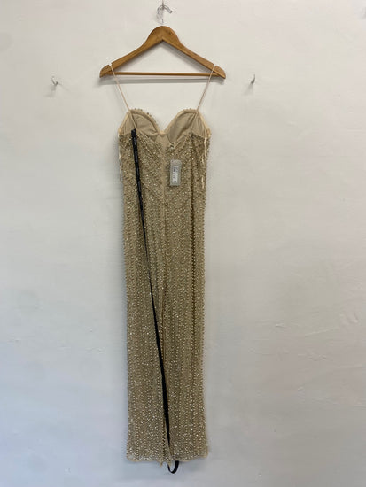 Fabulous River Island Dress UK 12 Champagne gold beaded evening TM447