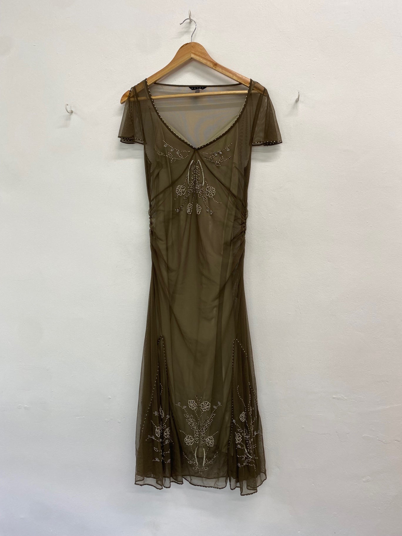 Fabulous Coast y2k Dress Uk 10 Olive Green vintage beaded over layer TM447