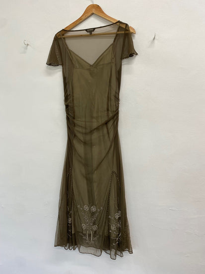 Fabulous Coast y2k Dress Uk 10 Olive Green vintage beaded over layer TM447