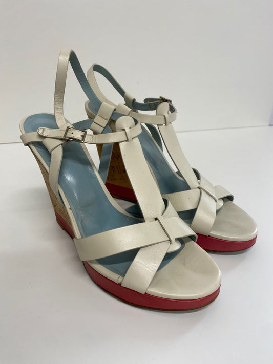 Fabulous Nicole Farhi cork wedge occasion Sandals Uk7 Cream & Red CM061