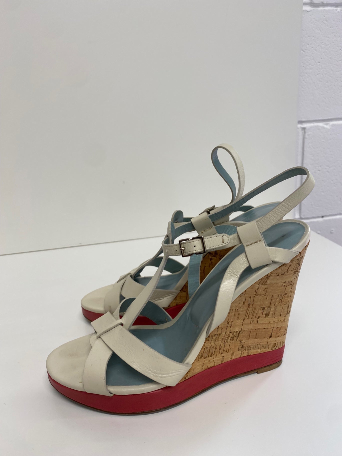 Fabulous Nicole Farhi cork wedge occasion Sandals Uk7 Cream & Red CM061