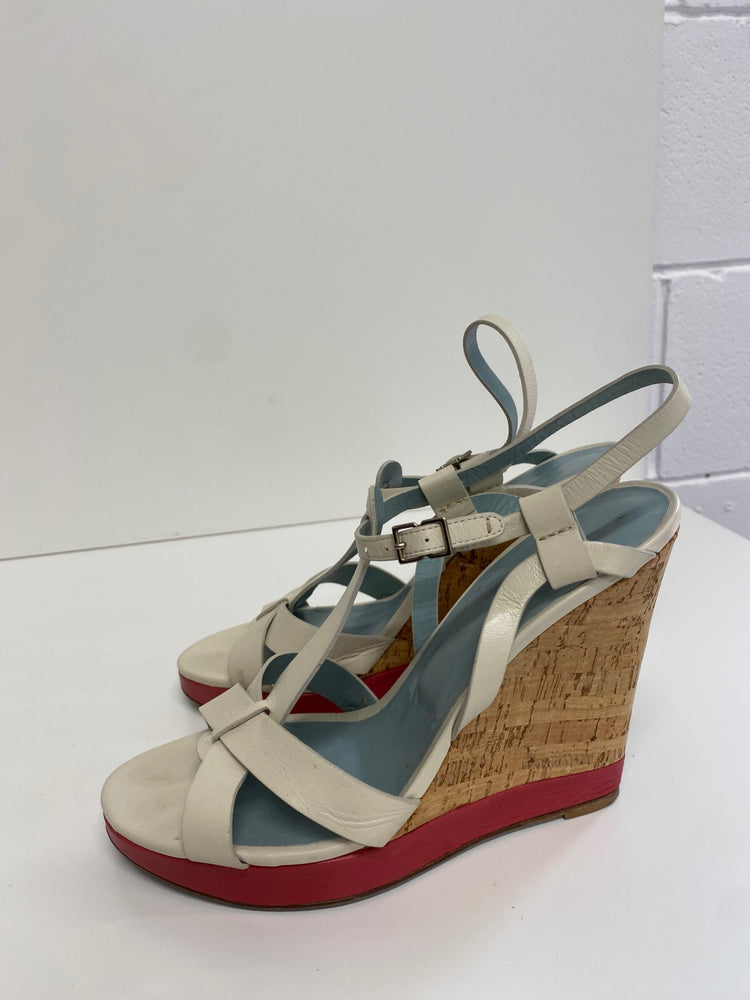 Fabulous Nicole Farhi cork wedge occasion Sandals Uk7 Cream & Red CM061