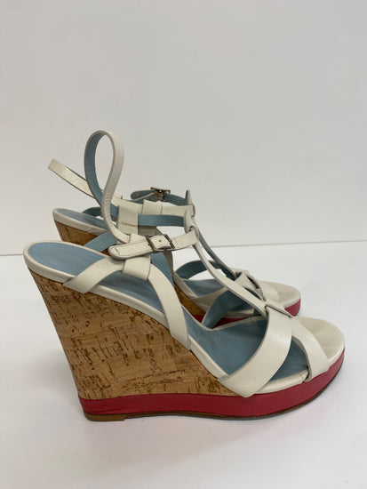 Fabulous Nicole Farhi cork wedge occasion Sandals Uk7 Cream & Red CM061