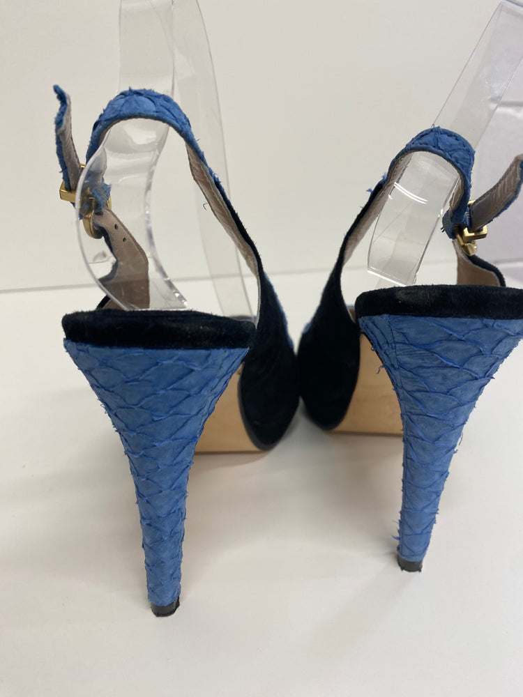 Fabulous REISS velvet platform slingback heels Uk7 Black & snakeskin blue CM061