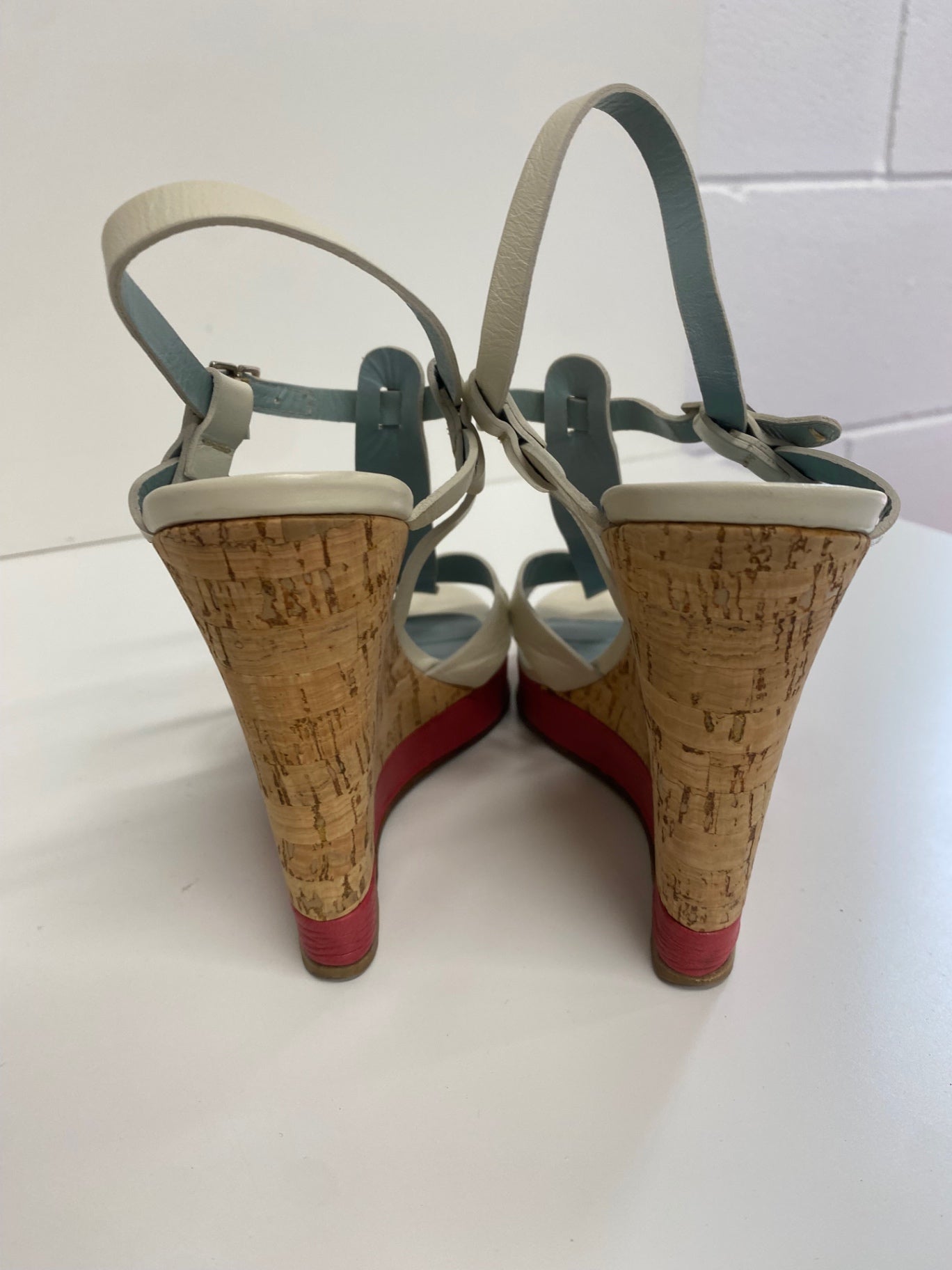 Fabulous Nicole Farhi cork wedge occasion Sandals Uk7 Cream & Red CM061