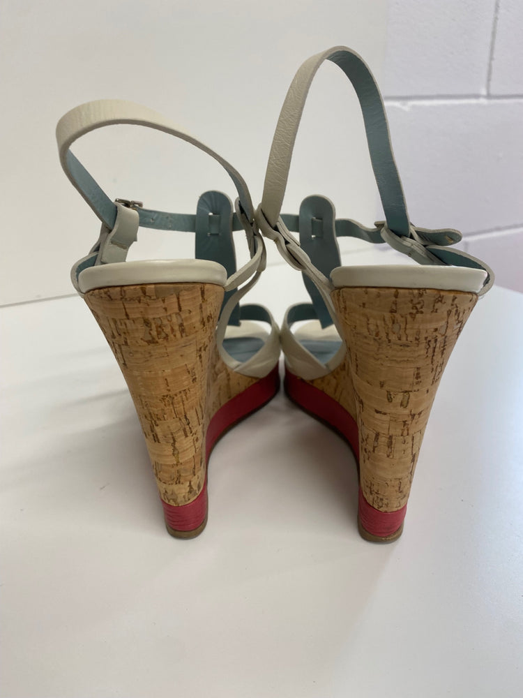 Fabulous Nicole Farhi cork wedge occasion Sandals Uk7 Cream & Red CM061