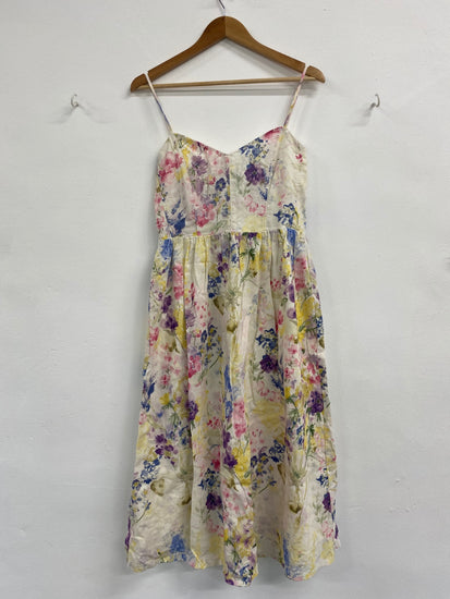 Fabulous H&M Cream Watercolour Floral Linen Blend Midi Dress UK S CM061