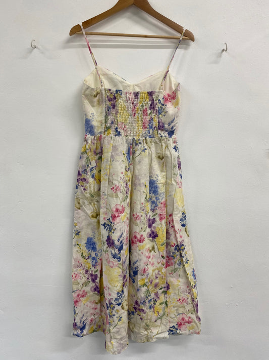 Fabulous H&M Cream Watercolour Floral Linen Blend Midi Dress UK S CM061