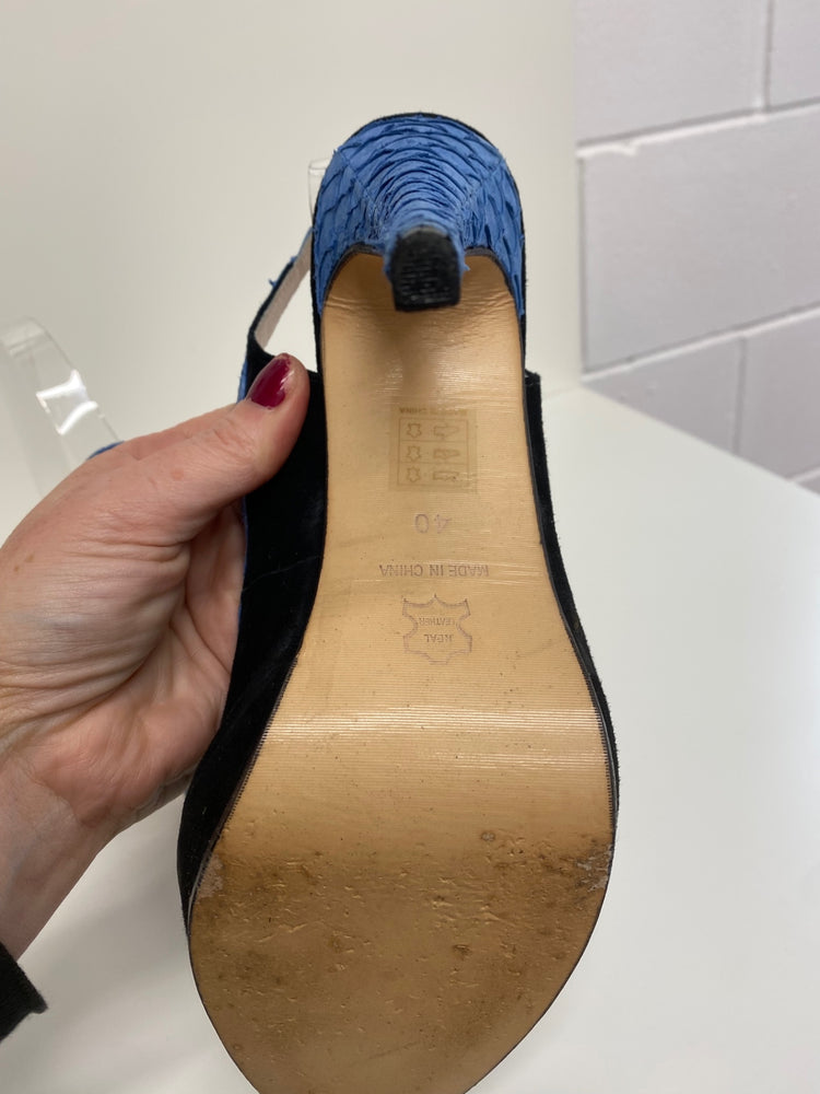 Fabulous REISS velvet platform slingback heels Uk7 Black & snakeskin blue CM061