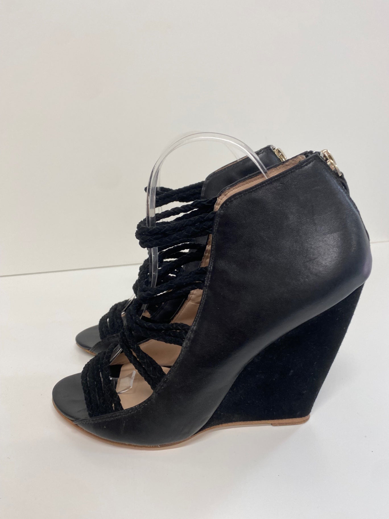 Fabulous Reiss 1971 wedge high Sandals Uk7 Black Leather & Suede CM061