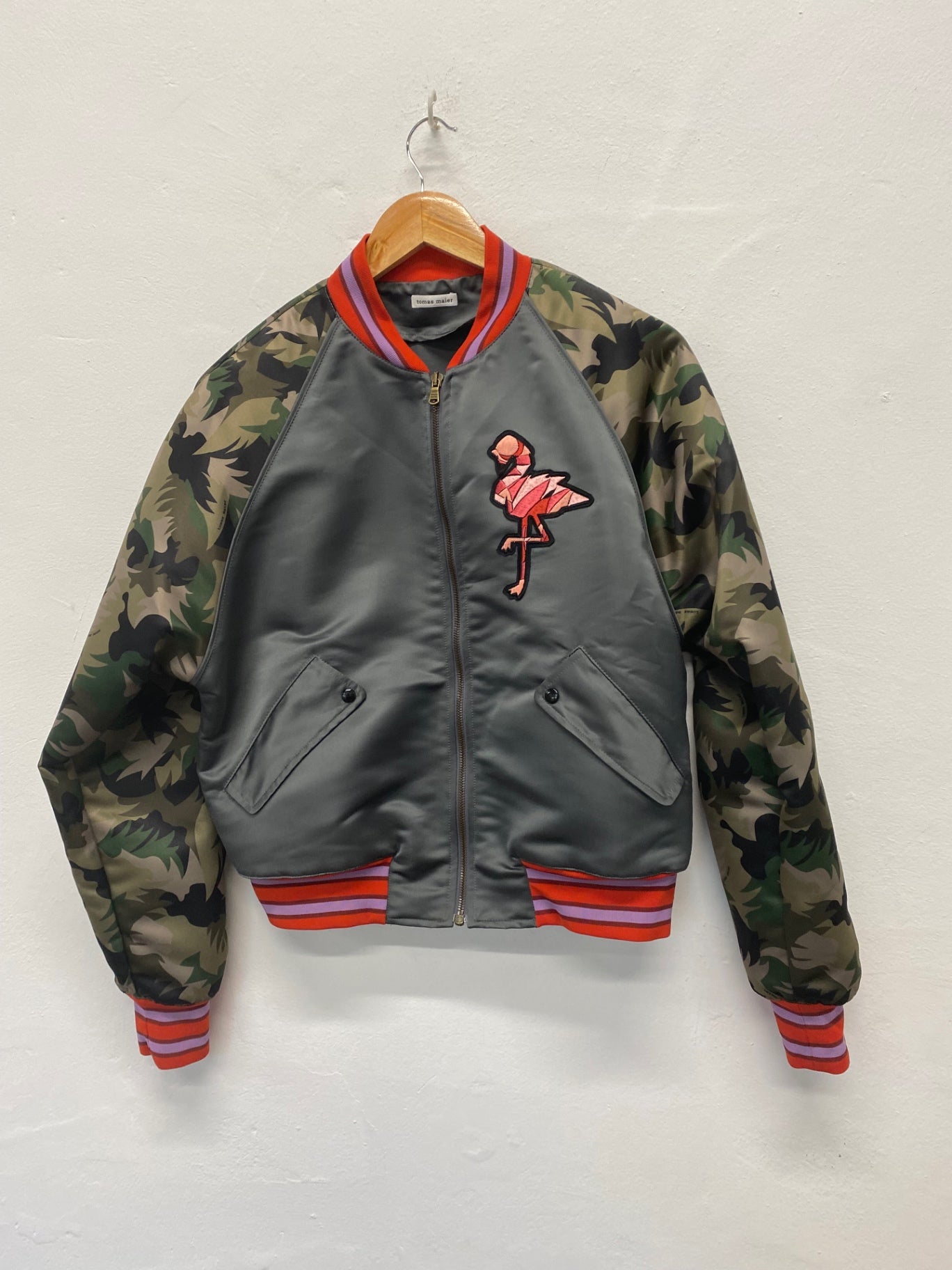 Fabulous Tomas Maier Bomber khaki flamingoes Jacket UK10 Grey & Camo LG005