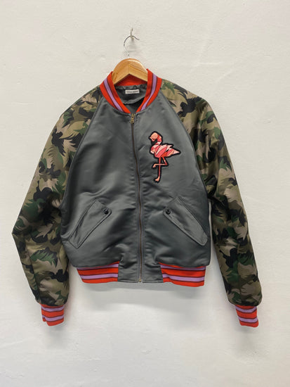 Fabulous Tomas Maier Bomber khaki flamingoes Jacket UK10 Grey & Camo LG005