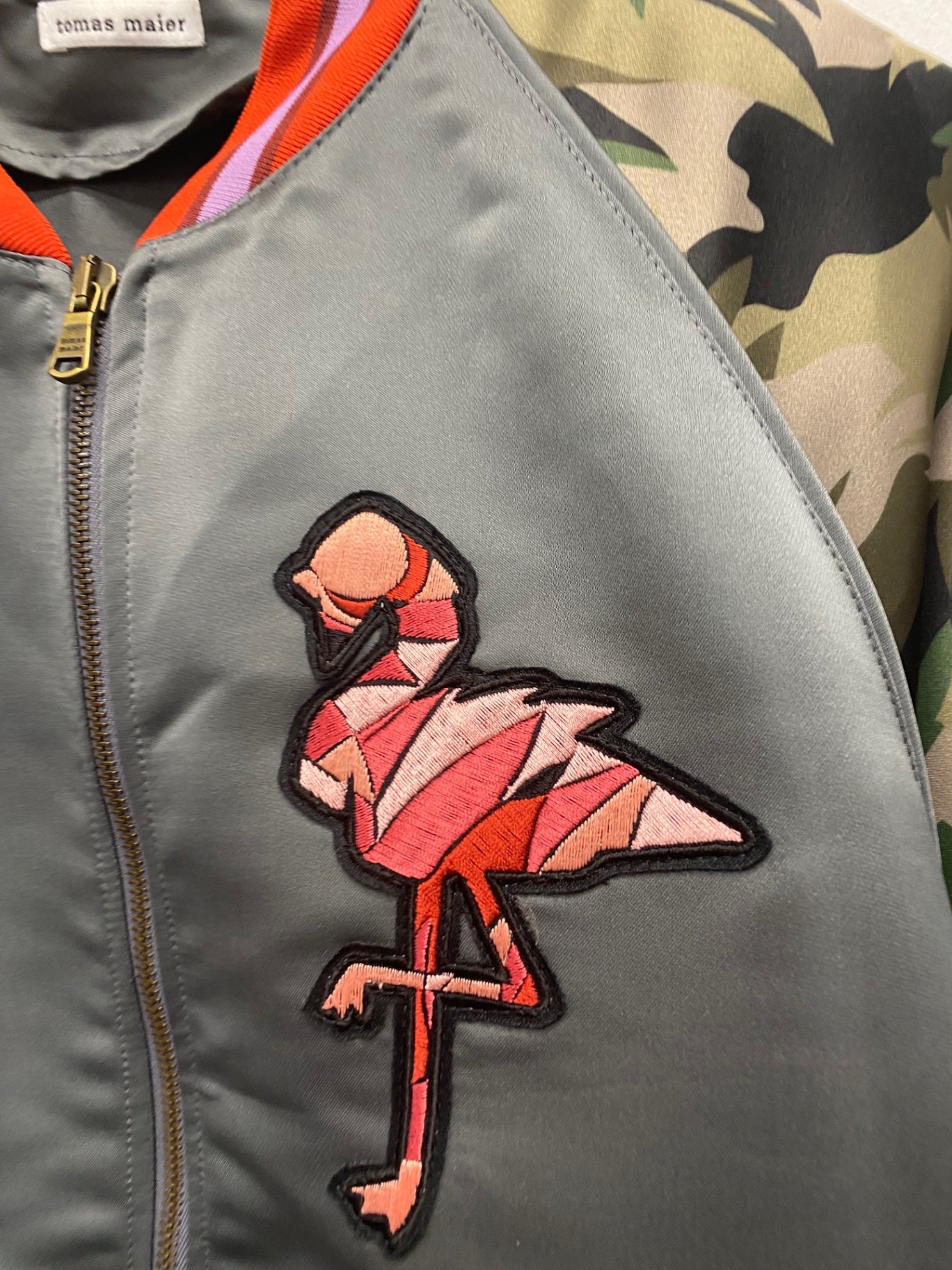 Fabulous Tomas Maier Bomber khaki flamingoes Jacket UK10 Grey & Camo LG005