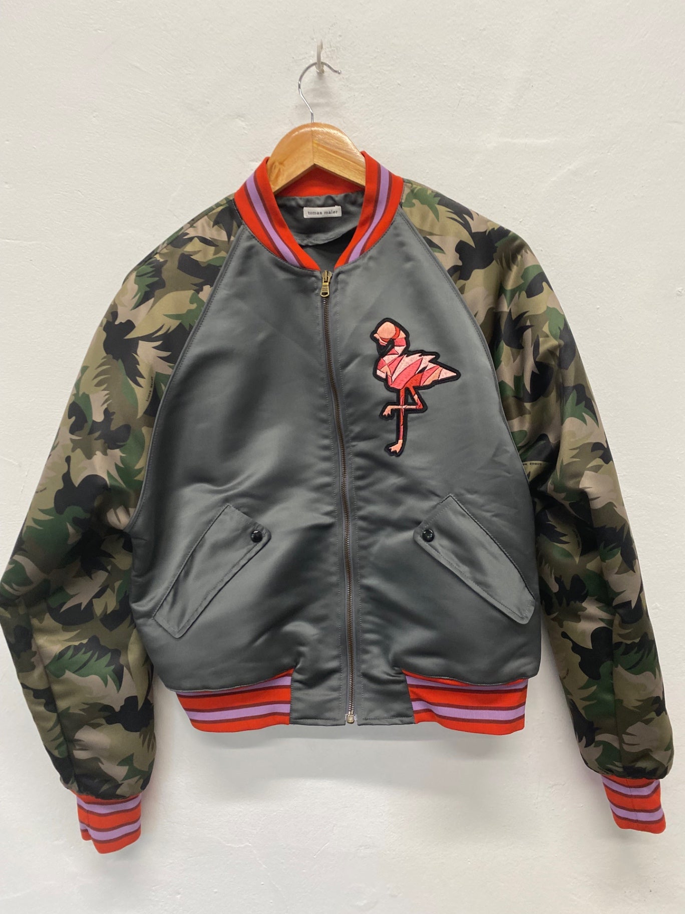 Fabulous Tomas Maier Bomber khaki flamingoes Jacket UK10 Grey & Camo LG005