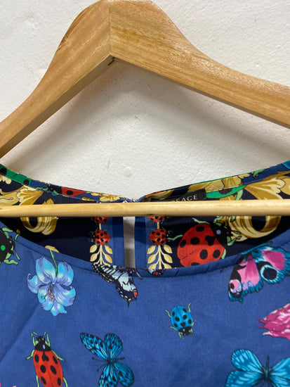 Fabulous Versace classic scarf effect pure silk Blouse UK14-16 Blue & Gold butterfly’s  Rare MD002