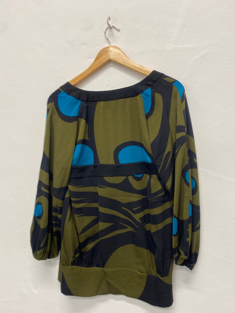 Fabulous Diane von Furstenberg silk blend abstract  Top UK10 Olive Green MD002