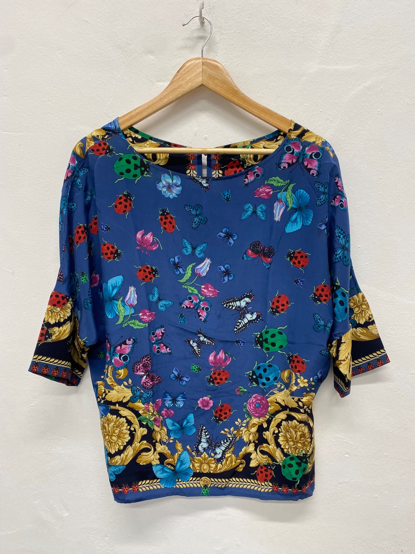 Fabulous Versace classic scarf effect pure silk Blouse UK14-16 Blue & Gold butterfly’s  Rare MD002