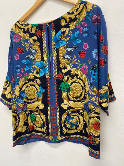Fabulous Versace classic scarf effect pure silk Blouse UK14-16 Blue & Gold butterfly’s  Rare MD002