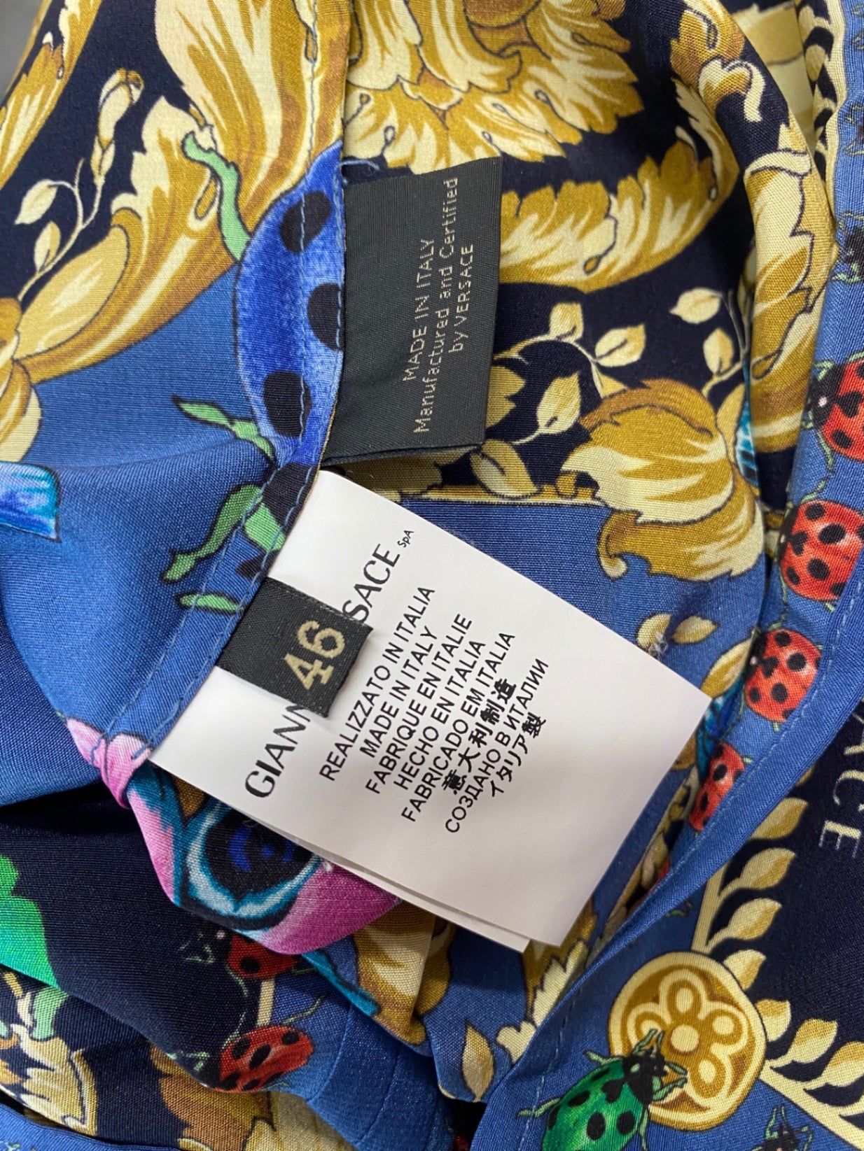 Fabulous Versace classic scarf effect pure silk Blouse UK14-16 Blue & Gold butterfly’s  Rare MD002