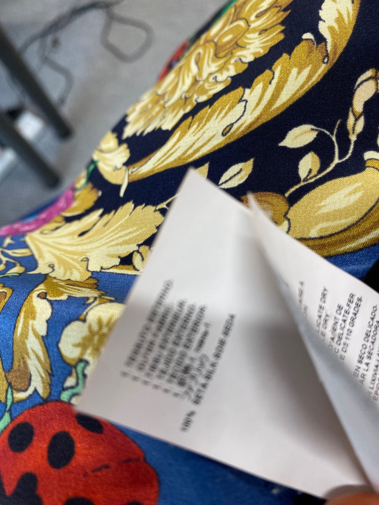 Fabulous Versace classic scarf effect pure silk Blouse UK14-16 Blue & Gold butterfly’s  Rare MD002