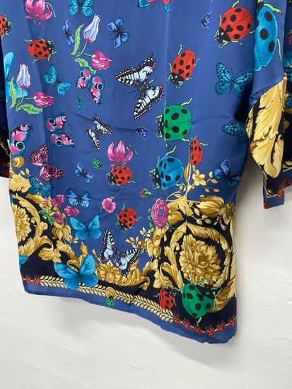 Fabulous Versace classic scarf effect pure silk Blouse UK14-16 Blue & Gold butterfly’s  Rare MD002