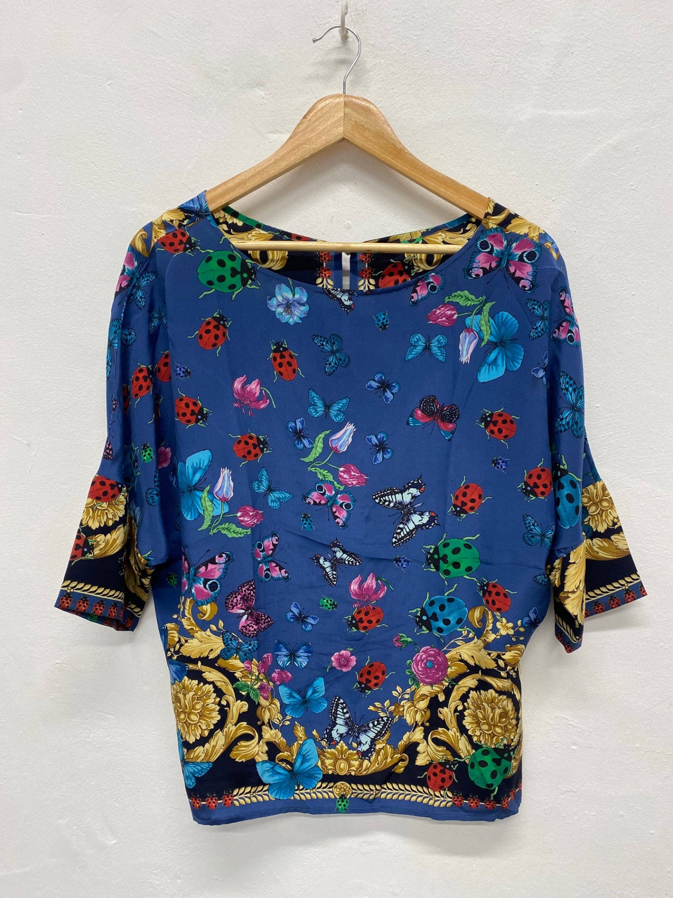 Fabulous Versace classic scarf effect pure silk Blouse UK14-16 Blue & Gold butterfly’s  Rare MD002