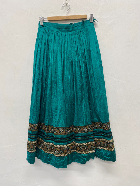 Fabulous Eger Pure Silk boho gypsy Skirt UK10 Teal & Gold Cottagecore LG276