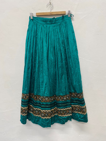 Fabulous Eger Pure Silk boho gypsy Skirt UK10 Teal & Gold Cottagecore LG276