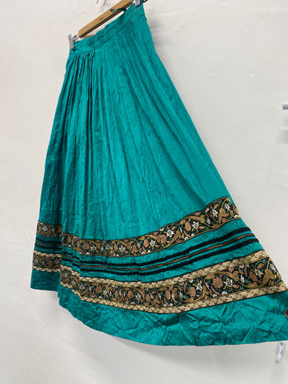 Fabulous Eger Pure Silk boho gypsy Skirt UK10 Teal & Gold Cottagecore LG276