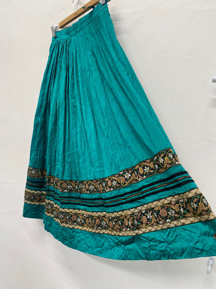 Fabulous Eger Pure Silk boho gypsy Skirt UK10 Teal & Gold Cottagecore LG276