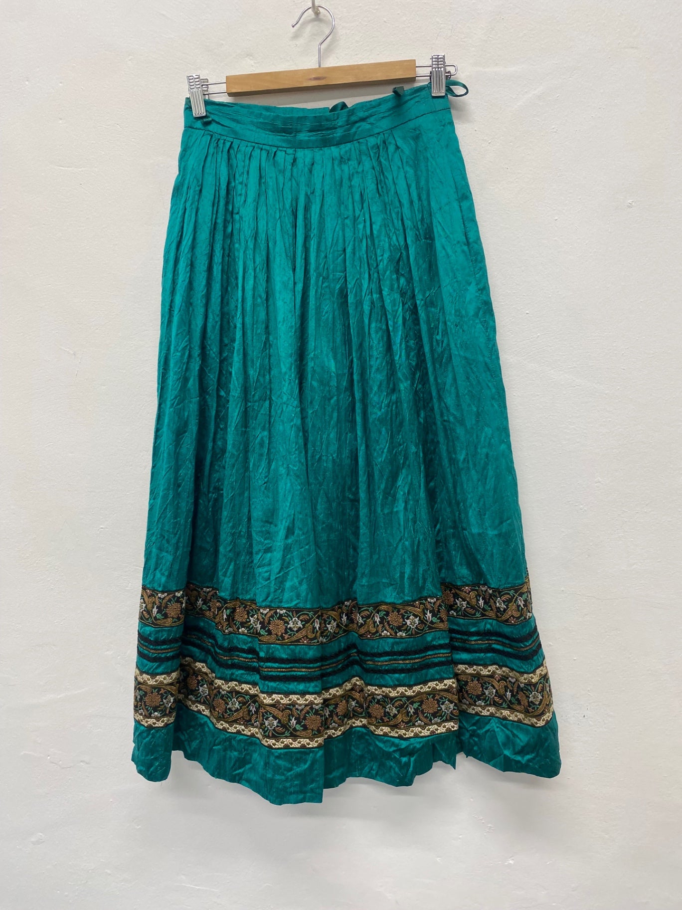 Fabulous Eger Pure Silk boho gypsy Skirt UK10 Teal & Gold Cottagecore LG276