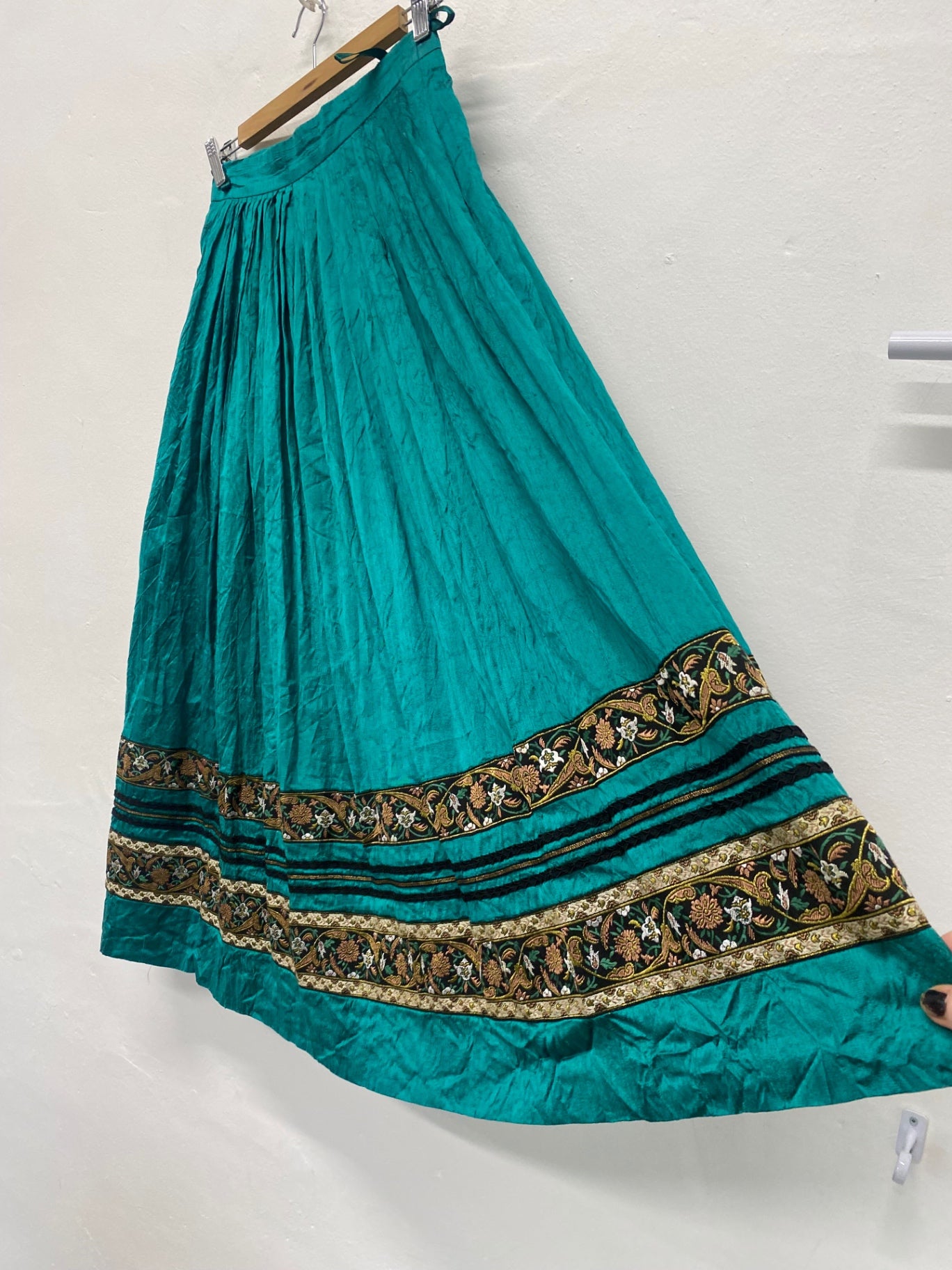 Fabulous Eger Pure Silk boho gypsy Skirt UK10 Teal & Gold Cottagecore LG276