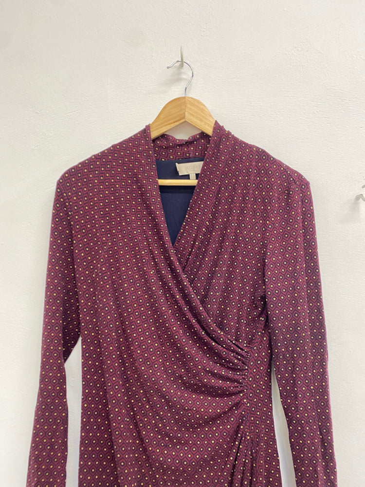 Fabulous Hobbs Dress UK 12 Burgundy geometric ruched GM143