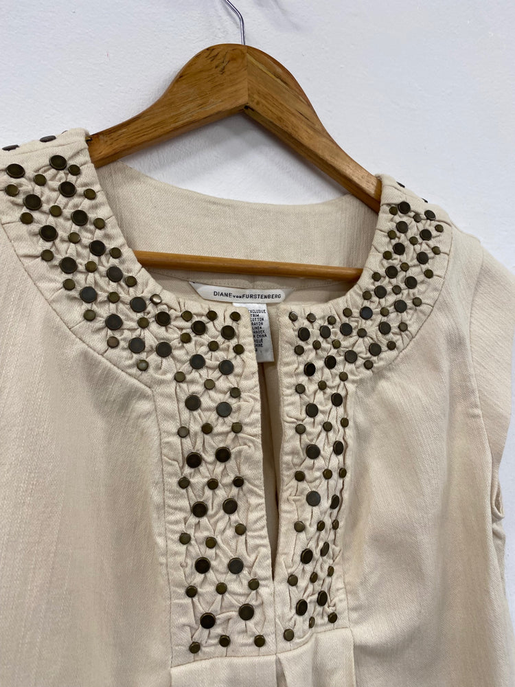 Fabulous Diane Von Furstenberg linen blend Dress UK12 Beige studded GM143