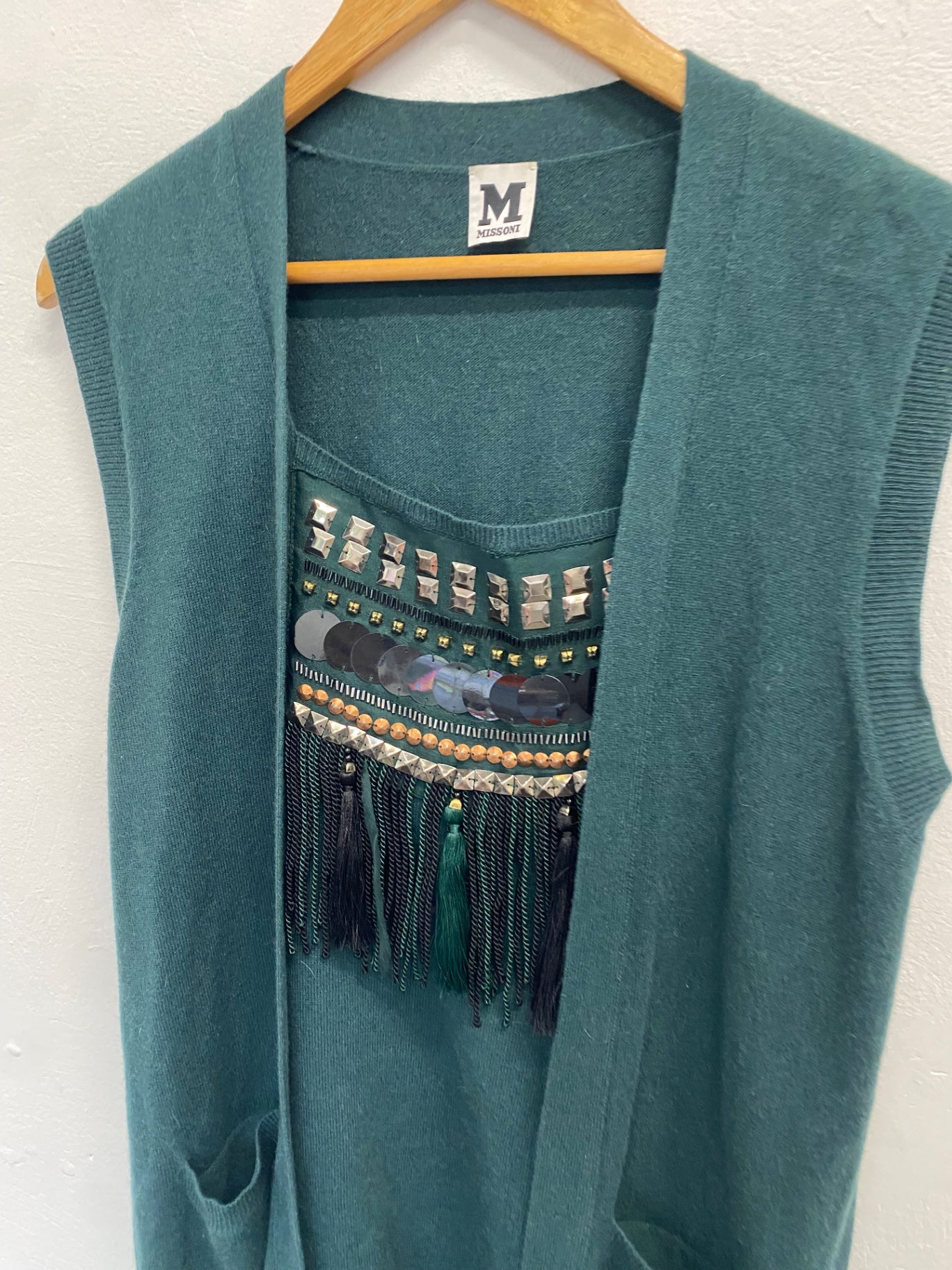 Fabulous Missoni Tunic boho Dress UK 12 Dark Green tassel GM143