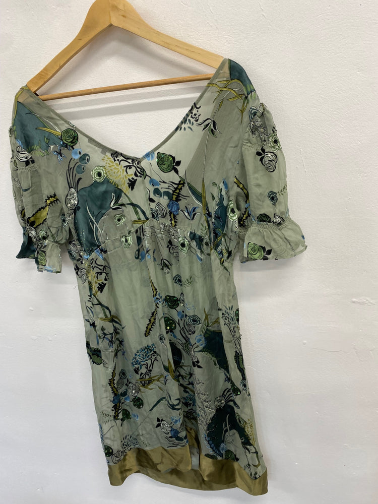 Fabulous Hale bob Dress UK M Green floral semi sheer GM143