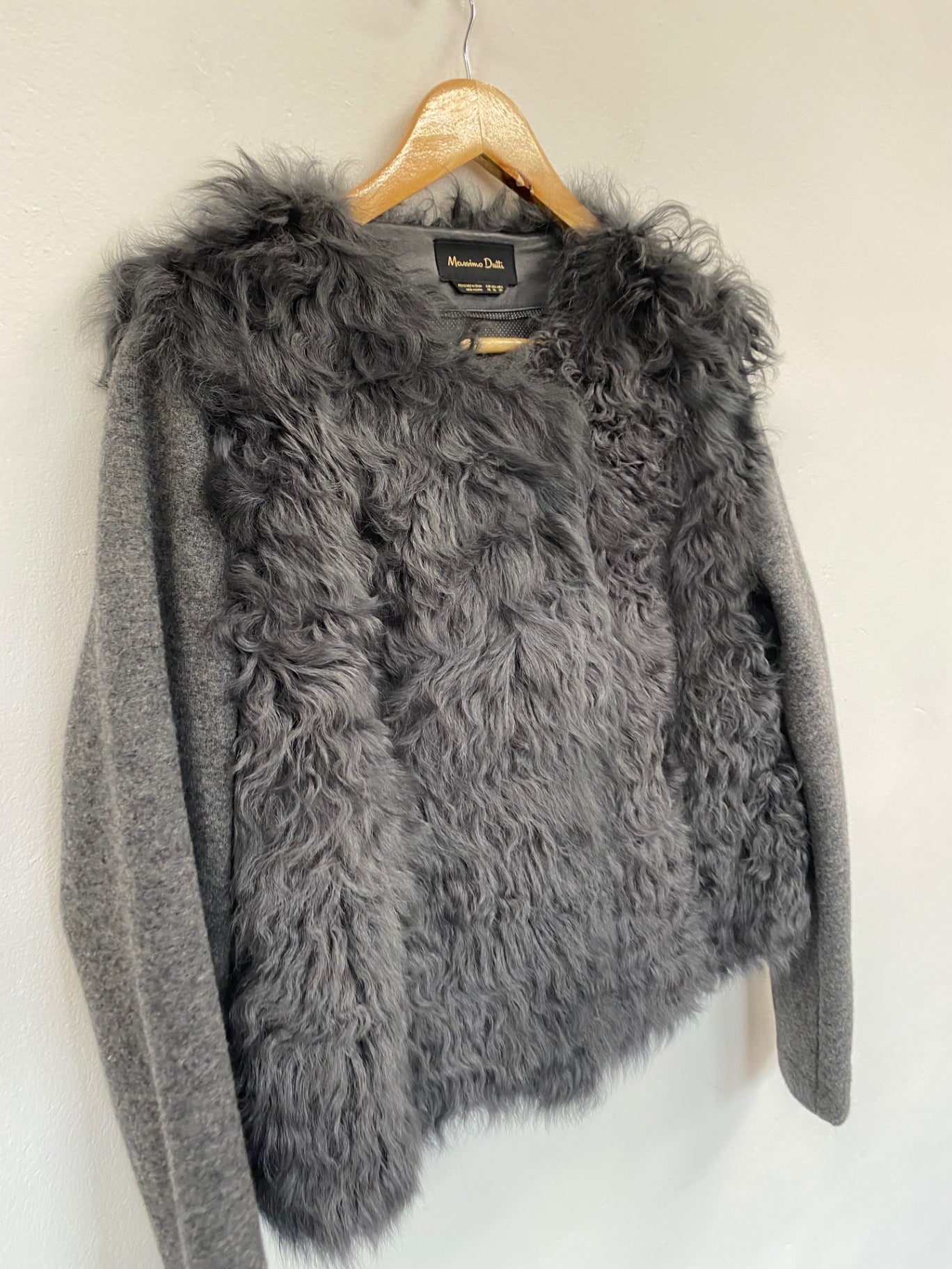 Fabulous Massimo Dutti real sheepskin Leather jacket UkXL Grey Soft wool sleeves GM143